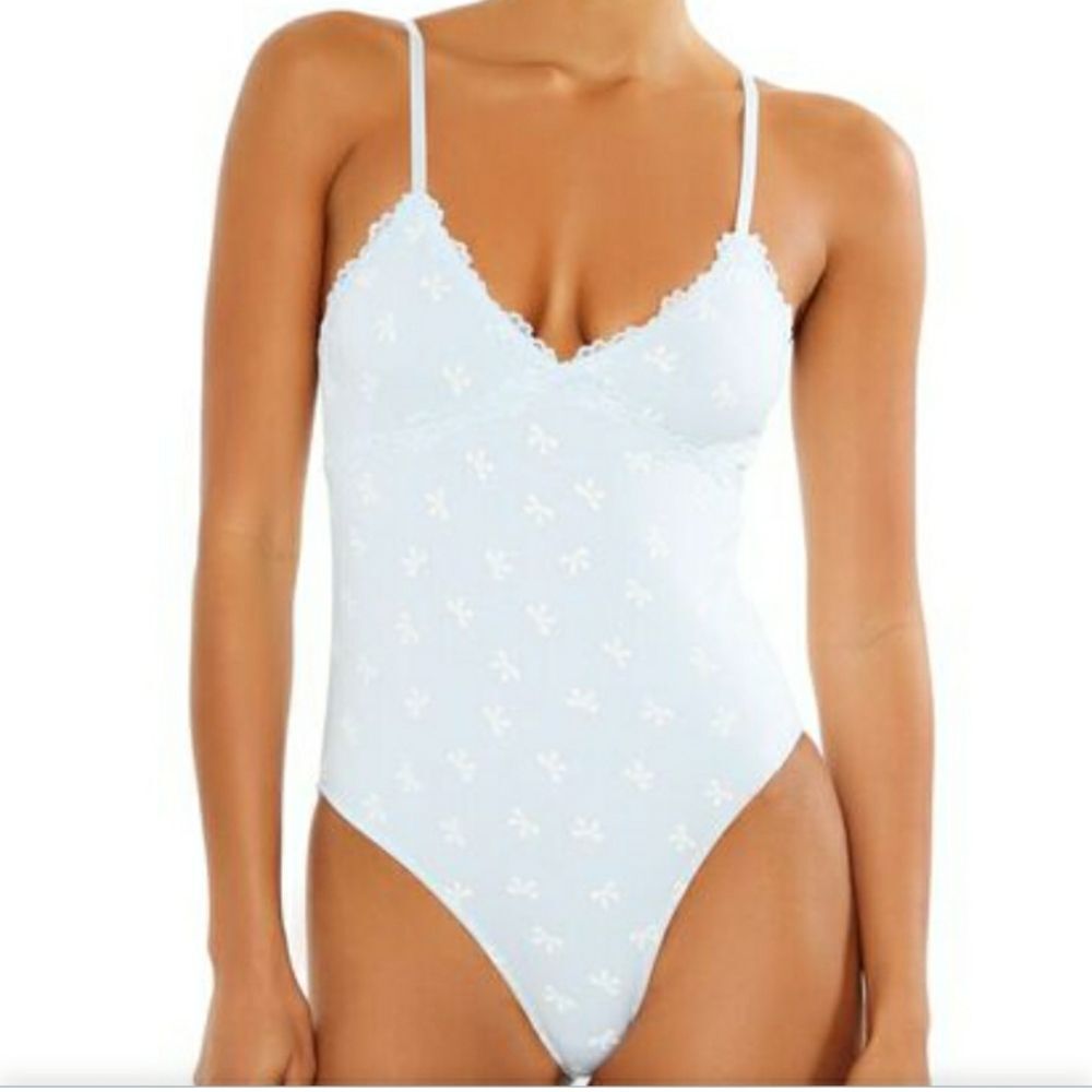 Forever 21 Light Blue Lace Trim Bodysuit Delicate Ribbon Bow Print Coquette